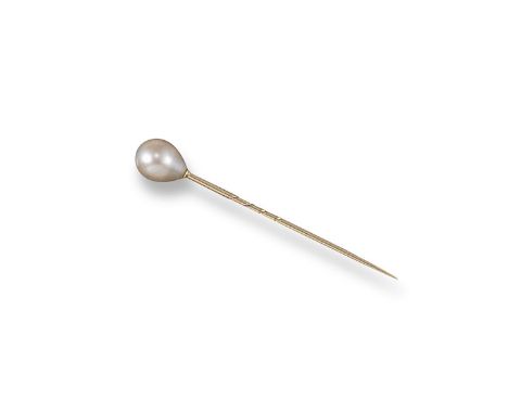 A natural pearl stick pin, the drop-shaped pearl is mounted on a gold shaft. Fitted case. Accompanied by report number 11257 