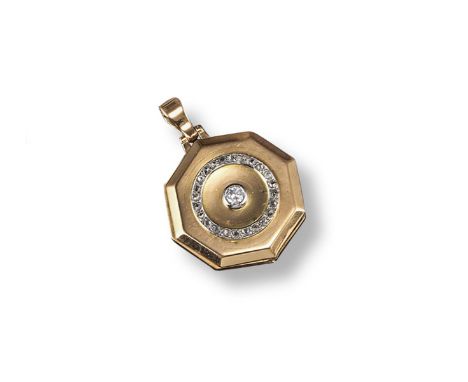 An early 20th century octagonal shaped gold locket pendant, set to one side with a circular-cut diamond within a ring of rose