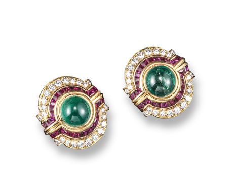 A pair of cabochon emerald, ruby and diamond-set gold cluster earrings, the cabochon emeralds are set within a surround of ca