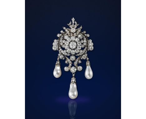 The property of a titled Lady. An impressive Victorian natural pearl and diamond brooch, the brooch is centred with an old cu