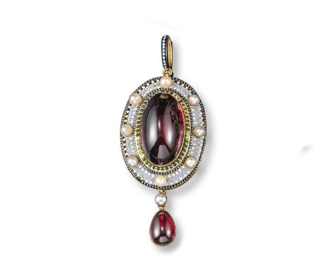 A Victorian Holbeinesque pendant, centred with a large oval-shaped garnet cabochon within a border of green enamel pellets (s