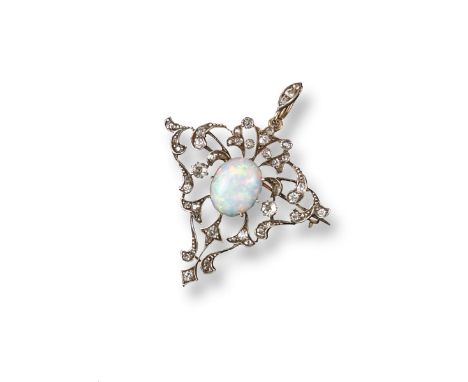 An Edwardian opal and diamond brooch pendant, centred with an oval-shaped opal and set with graduated old circular and rose-c