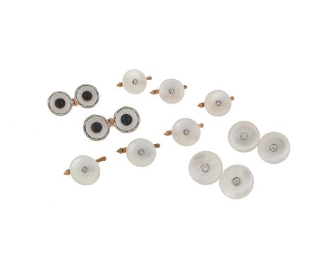 A cased set of dress shell and diamond cufflinks with six similar studs, all formed with slightly concave circular shell disc