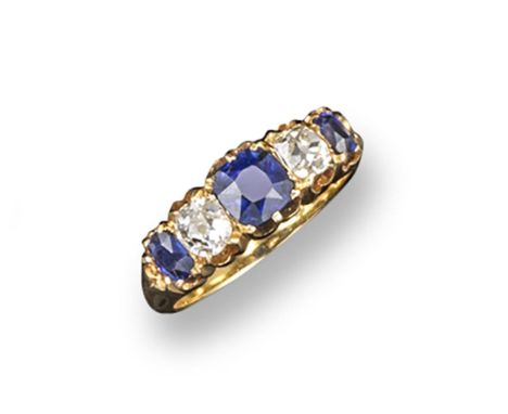 A sapphire and diamond five stone ring, the three graduated oval-shaped sapphires are set with two old circular-cut diamonds 