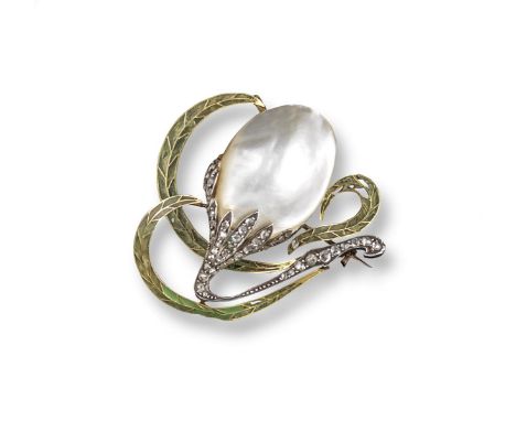 An Art Nouveau floral brooch, mounted with a large blister pearl. Set with rose-cut diamonds in silver and gold mounted pliqu