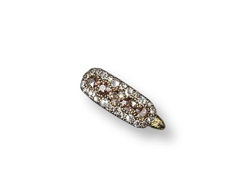 A fancy diamond and white diamond half hoop ring, set with a central line of five circular cinnamon coloured diamonds within 