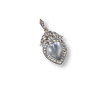 A late Victorian heart-shaped moonstone and diamond pendant, the moonstone set within a surround of rose-cut diamonds in silv