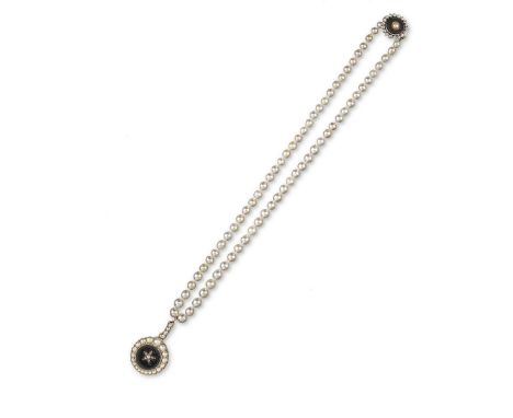 A single row natural pearl necklace, with a pearl-set black onyx clasp set within a surround of small cushion-shaped diamonds