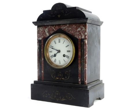 A French black slate and pink marble mantel clock, the enamel dial with Roman numerals, 34cm high.