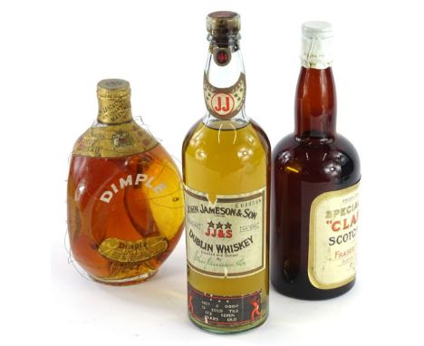 Three bottles of whisky, a bottle of Clan Dew Scotch Whisky, a bottle of Dimple and John Jameson &amp; Sons Dublin Whisky num