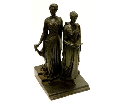 William Henry Tyler. Blind lady in classical dress beside another reading, on a stepped base, bronze, signed to the base and 