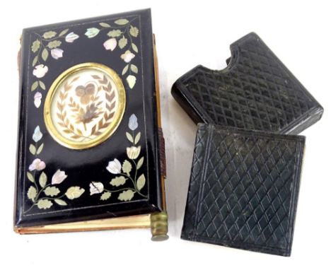 A miniature London Almanac for 1875, in original leather folder and a small papier mache and mother of pearl aid memoir, the 