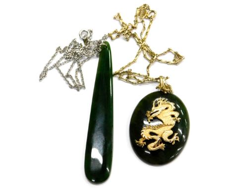 Two items of jade set jewellery, comprising a jade dragon pendant on gold plated chain, with certificate of authenticity, box