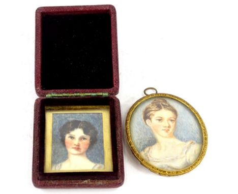 Late 19th/early 20thC School.  Portrait of a lady, on ivory in gilt frame, oval, and another rectangular miniature in later c