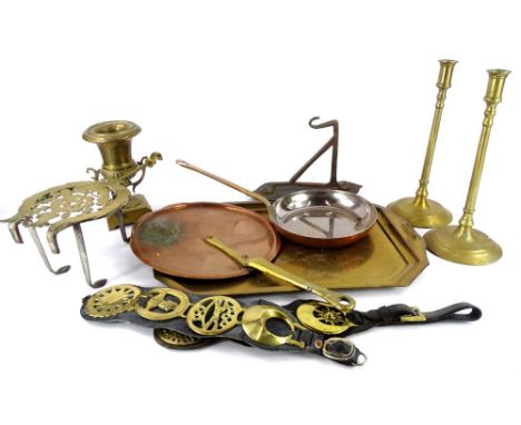 A collection of metalware, to include an Arts and Crafts copper bracket, horse brasses, pan lids, rectangular tray, pair of c