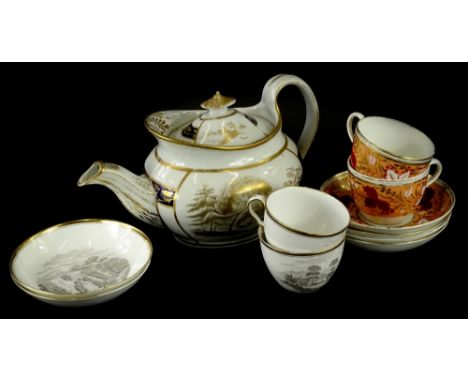 A collection of 19thC English porcelain to include a Newhall oval coffee pot decorated with river landscapes to include a sce