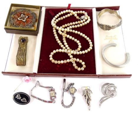 Costume jewellery, comprising faux pearl necklace, two Oris wristwatches, silver plated bangle, marcasite style brooch, flora