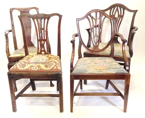 Four 18th &amp; 19thC dining chairs, in walnut, fruitwood and mahogany, three with arms, all with drop in tapestry type seats