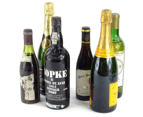 A collection of wines and spirits, to include Veuve Clicquot and Lanson champagne, Kopke 1983 vintage port, two small bottles