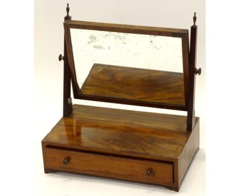 A 19thC mahogany and chequer banded dressing table mirror, the rectangular  plate, the base with a frieze drawer, on bracket 