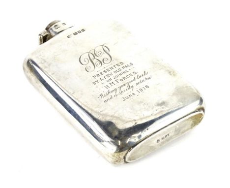 A George V silver presentation hip flask, engraved BP, "Presented by a few old pals on joining HM Forces, wishing you good lu