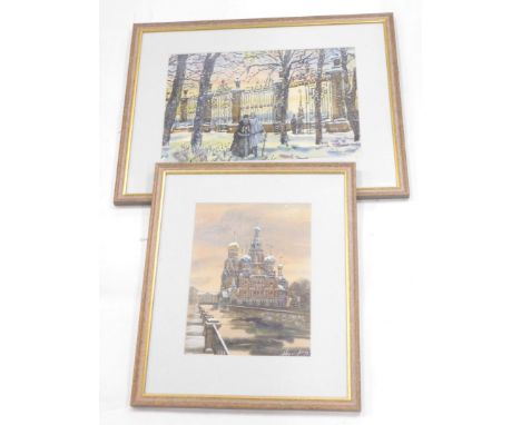 20thC Russian School.  Snow capped building with towers etc., watercolour, indistinctly signed and dated '98, 27cm x 20cm and