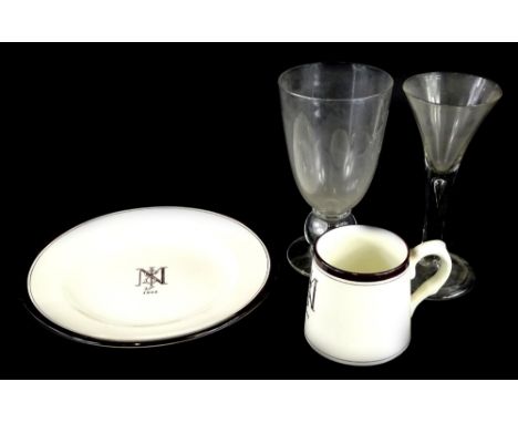 Commemorative items, to include a late monogrammed JNM, Spode imperial ceramic matching mug for 1907 and an 18thC wine glass 