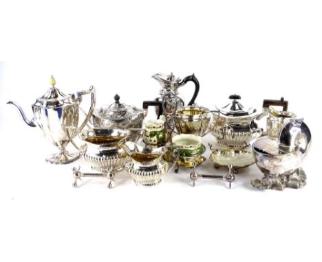 A collection of silver plate, to include part tea and coffee service, shell shaped spoon warmer, stand with ceramic jug and b