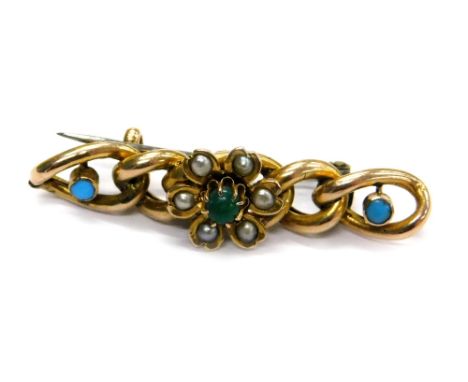 A 9ct gold and turquoise set bar brooch, with five link design set with turquoise and seed pearl with flower design centre, 4