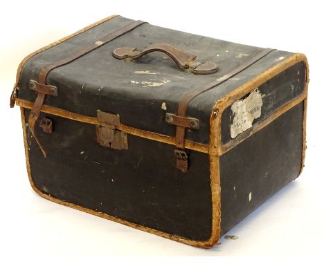 A canvas and leather small trunk, lacking tray to interior, 49cm wide.