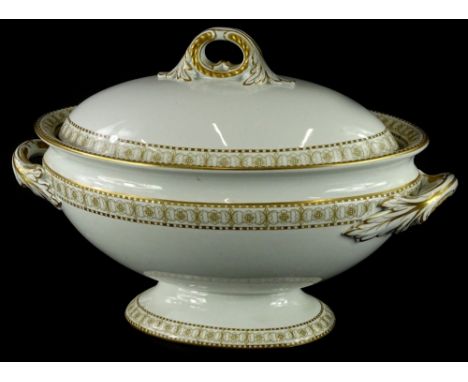 A Royal Worcester porcelain two handled tureen and cover, decorated with gilt floral and leaf bands within chequered borders,