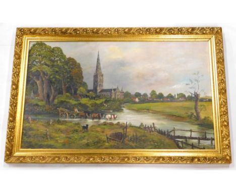 20thC School after Constable.  Salisbury Cathedral from the Meadows, oil on canvas, 50cm x 83cm. 