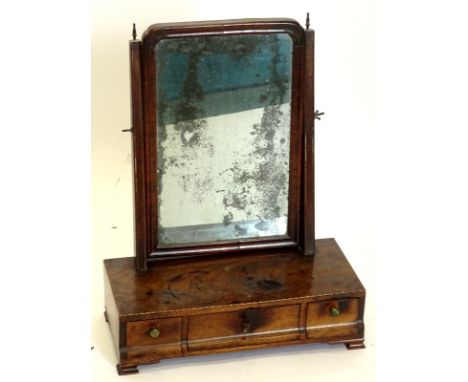 A 19thC walnut dressing table mirror, the rectangular mirror plate on tapering supports, the chequer banded box base with thr