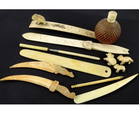 Various 19thC items of ivory, bone etc., to include a cranberry tinted glass flask with ivory lid and basket weave sides, a g