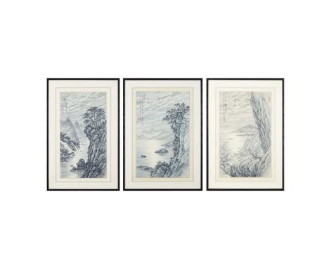 TAO WEIHONG (CHINESE 1940-) THREE INK PAINTINGS, 20TH-21ST CENTURY 二十至二十一世紀 陶為浤 李白、朱熹、陸游詩意圖 紙本設色 鏡框 （共三幅）款識：江寒早啼猿/松暝已吐月/月色何悠悠