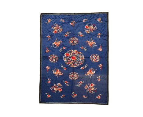 [A PRIVATE SCOTTISH COLLECTION]  LARGE BLUE-GROUND SILK EMBROIDERED PANEL 19TH-20TH CENTURY 十九至二十世紀 藍地刺綉穿花鳳凰紋錦 embroidered wi