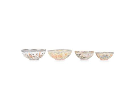 GROUP OF FOUR EGGSHELL FAMILLE ROSE BOWLS QIANLONG MARK BUT 20TH CENTURY 二十世紀 乾隆款 各色粉彩蛋殼薄胎大碗（共四件） comprising: two painted wit