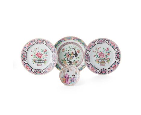 [A PRIVATE SCOTTISH COLLECTION] GROUP OF FOUR FAMILLE ROSE DISHES QING DYNASTY, 18TH CENTURY 清 各色粉彩花卉人物紋盤及碟（共四件） comprising: 