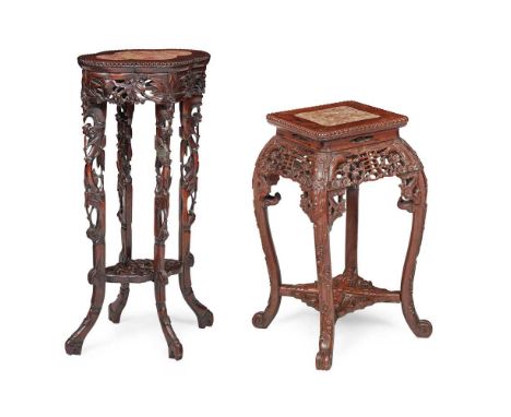 TWO HARDWOOD WITH MARBLE INLAID JARDINIÈRE STANDS LATE QING DYNASTY-REPUBLIC PERIOD, 19TH-20TH CENTURY 清末民初 硬木嵌大理石海棠式 及 方形四足香