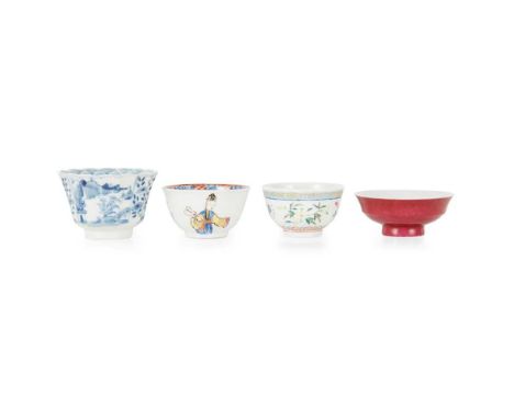 GROUP OF FOUR CUPS QING DYNASTY, 18TH CENTURY AND LATER  十八世紀及以後 清康熙款及年代 青花山水花鳥杯、清 粉彩仕女童子杯、道光款 胭脂紅釉折沿杯 及 光緒款 粉彩花卉紋杯（共四件） comp