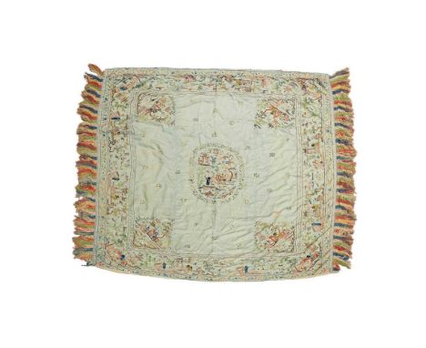 [A PRIVATE SCOTTISH COLLECTION] LARGE MINT-GROUND SILK EMBROIDERED BEDSPREAD LATE QING TO REPUBLIC PERIOD, 19TH-20TH CENTURY 