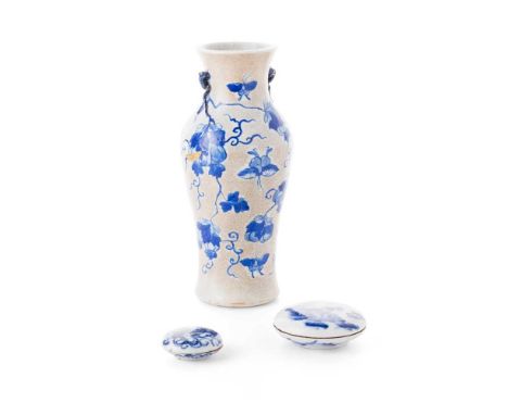 GROUP OF THREE BLUE AND WHITE WARES  QING DYNASTY, 19TH CENTURY 清 仿哥釉青花瓜瓞綿綿紋雙耳瓶、康熙款 青花山水人物紋印盒 及 雍正款 青花螭龍紋印盒（共三件） comprising: 