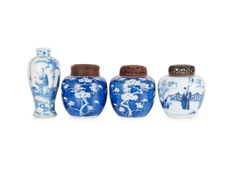 GROUP OF FOUR BLUE AND WHITE WARES 19TH-20TH CENTURY 十九至二十世紀 青花冰梅紋對罐帶木蓋、人物騎麒麟圖罐帶木蓋 及 康熙款 教子圖瓶（共四件） comprising: a pair of 'pru