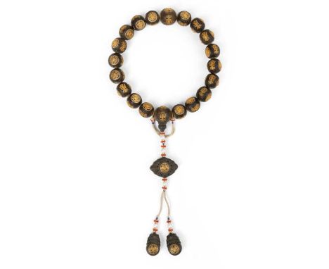 GILT-FILIGREE INLAID SANDALWOOD BEADED ROSARY 檀香木嵌鎏金纍絲念珠 comprising 18 beads spaced with two larger beads, each bead inlaid w