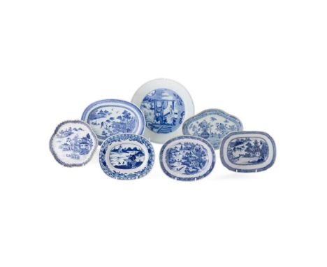 [A PRIVATE SCOTTISH COLLECTION] GROUP OF SEVEN BLUE AND WHITE DISHES QING DYNASTY, 18TH CENTURY  清康熙 花押款 青花教子圖盤 及 清 各色外銷青花山水閣