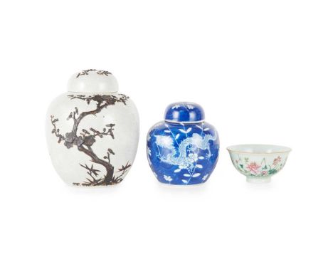 GROUP OF THREE PORCELAIN WARES QING DYNASTY, 18TH-19TH CENTURY 清 乾隆款 粉彩豆青地花卉題詩碗、哥釉鐵鏽花梅紋蓋罐 及 康熙款 青花龍鳳呈祥圖蓋罐（共三件） comprising: a 