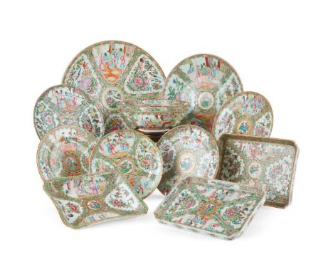 [A PRIVATE SCOTTISH COLLECTION]  GROUP OF ELEVEN CANTON FAMILLE ROSE WARES  QING DYNASTY, 19TH CENTURY  清 各式廣彩花鳥人物紋瓷器（共十一件） c