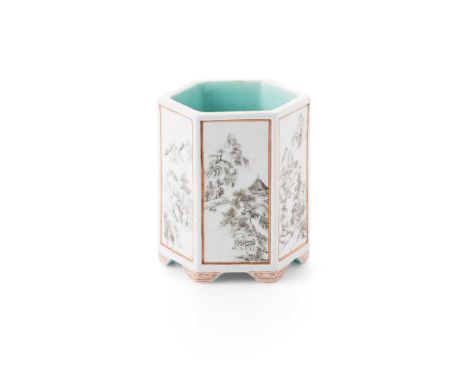 GRISAILLE-DECORATED HEXAGONAL BRUSH POT QIANLONG MARK BUT LATER  乾隆款 墨彩山水圖六方筆筒 each side painted with shanshui landscape with
