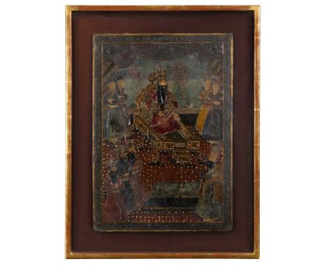 QAJAR LACQUER PAPIER MACHE PANEL WITH PORTRAIT OF FATH ALI SHAH (1797-1834) PERSIA, 19TH CENTURY of rectangular form, featuri