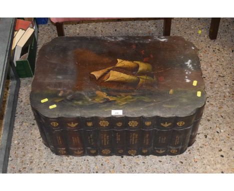 An antique style trunk painted with a tall ship, fabric lined interior, 67cm wide